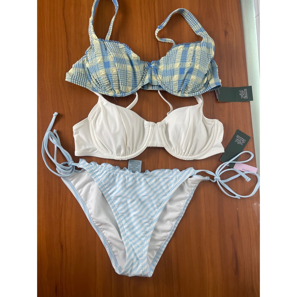 3 pieces Bikini Set Plaid White Underwire 2 Bra Swimsuit Tops‎ Stripe Bottoms M